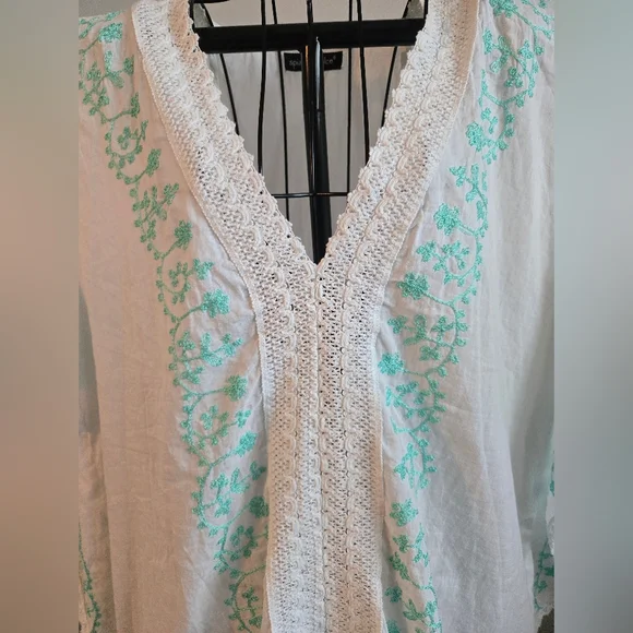 Spiaggia Dolce 100% Cotton Embroidered V-Neck Boho Kaftan Bathing Suit Cover Up - Picture 2 of 9